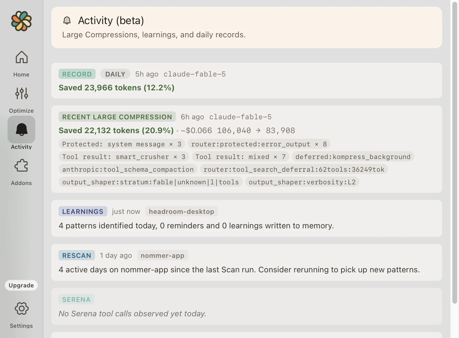 Headroom activity feed: daily savings records, large compressions, and learnings written to memory