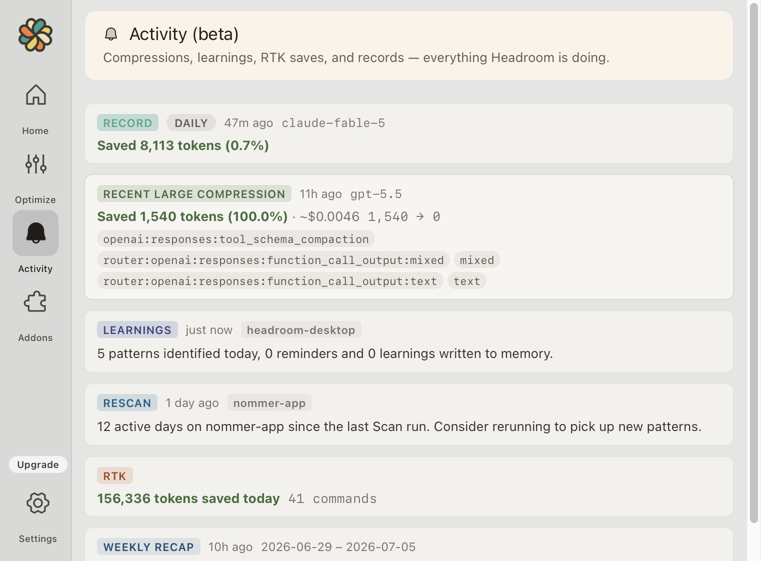 Headroom activity feed: compressions, learnings, RTK saves, and weekly recaps