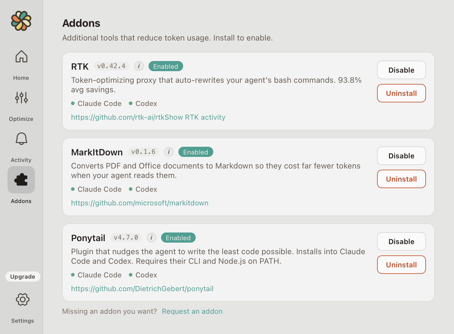 Headroom add-ons screen: RTK, MarkItDown, and Ponytail installed with one click