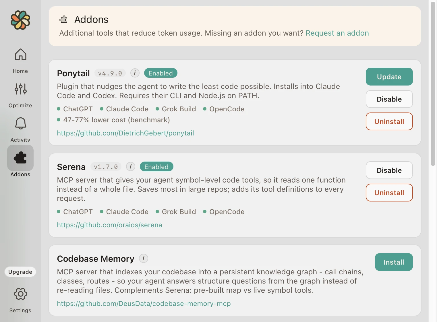 Headroom add-ons screen: Ponytail, Serena, and Codebase Memory installed with one click