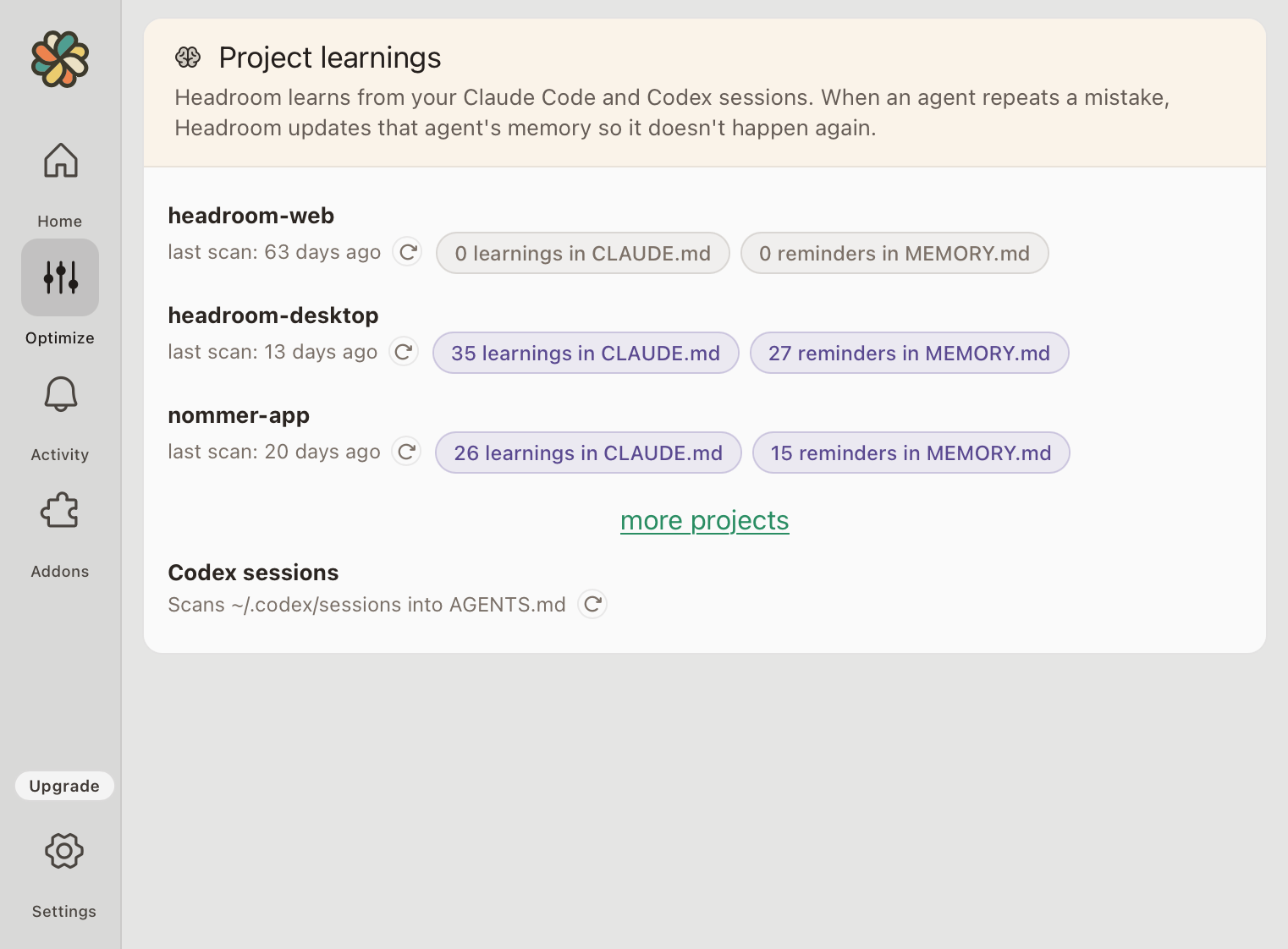 Headroom project learnings: token-saving patterns written to each agent's memory per project