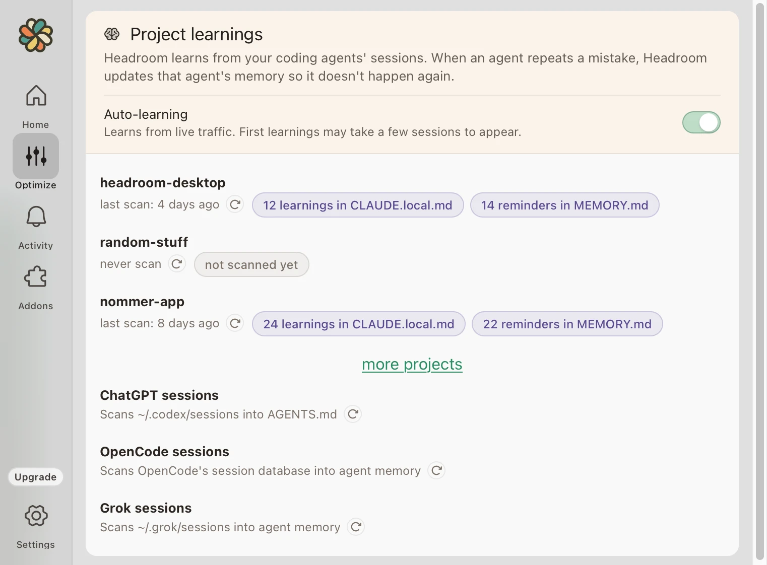 Headroom project learnings: token-saving patterns written to each agent's memory per project