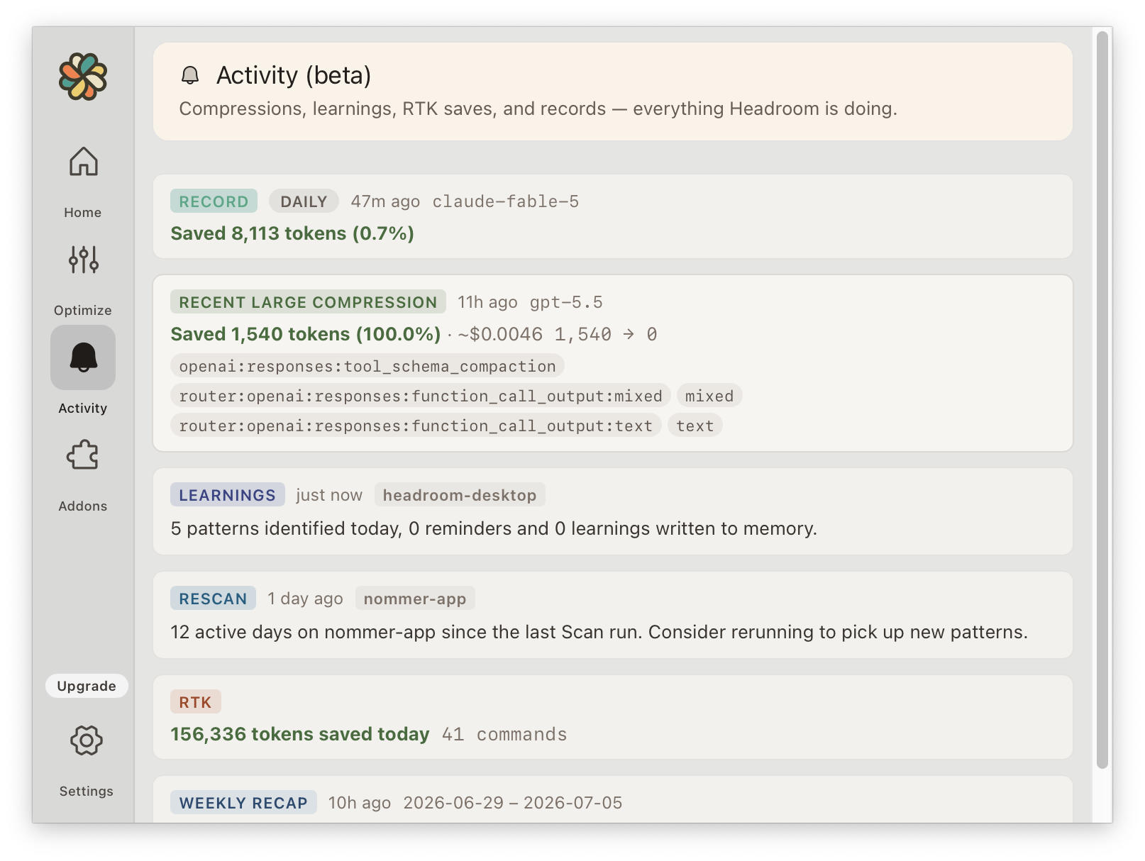 Headroom activity feed: compressions, learnings, RTK saves, and weekly recaps
