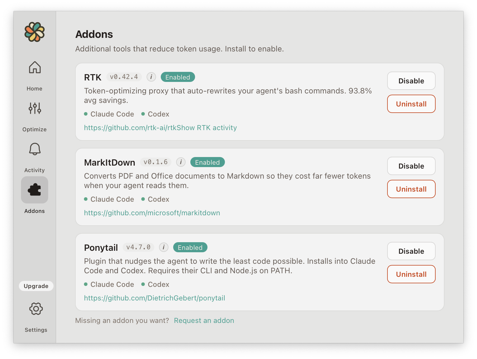 Headroom add-ons screen: RTK, MarkItDown, and Ponytail installed with one click