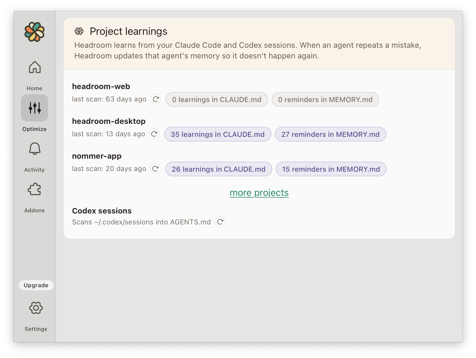Headroom project learnings: token-saving patterns written to each agent's memory per project